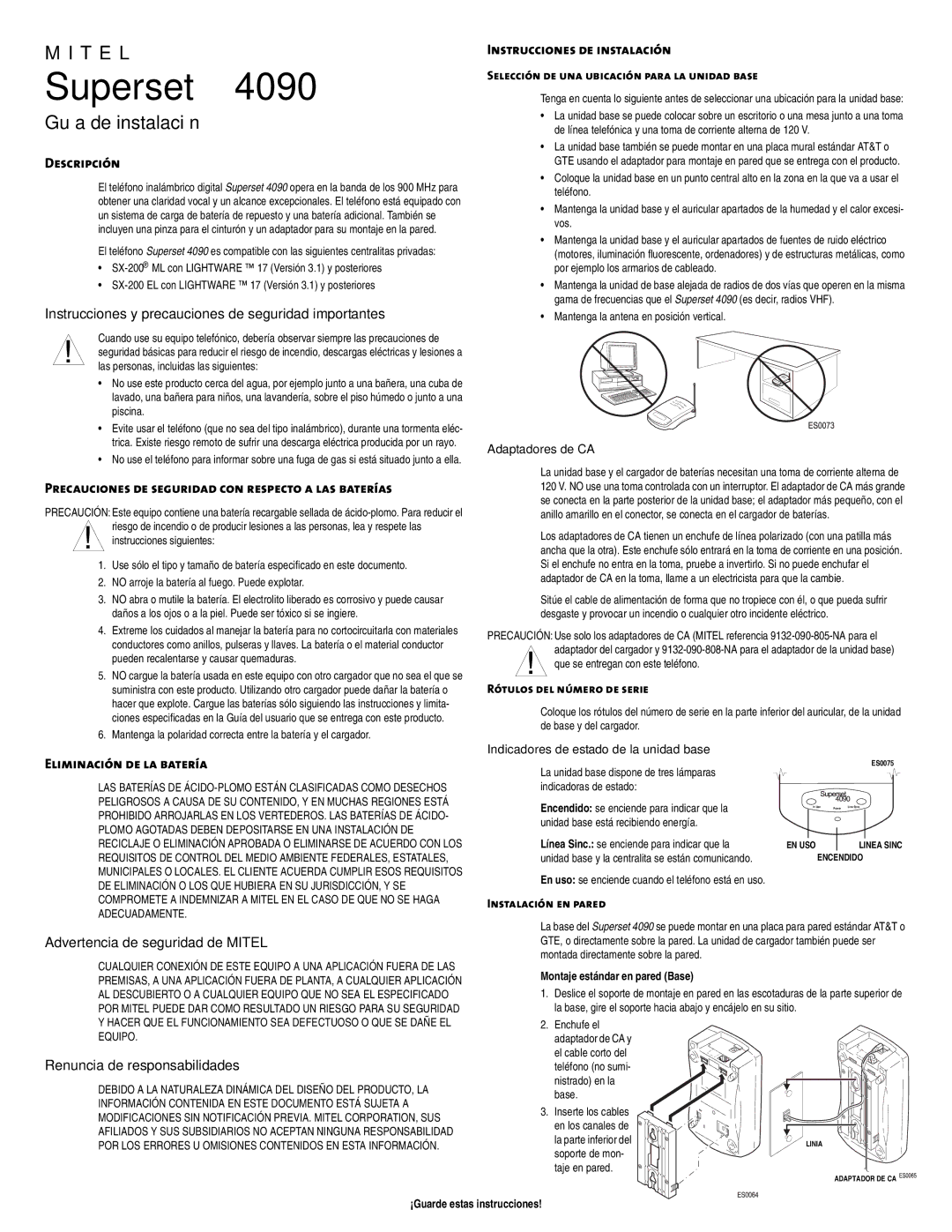 Mitel 4090 Guía de instalación, Descripción, Precauciones de seguridad con respecto a las baterías, Éytá 