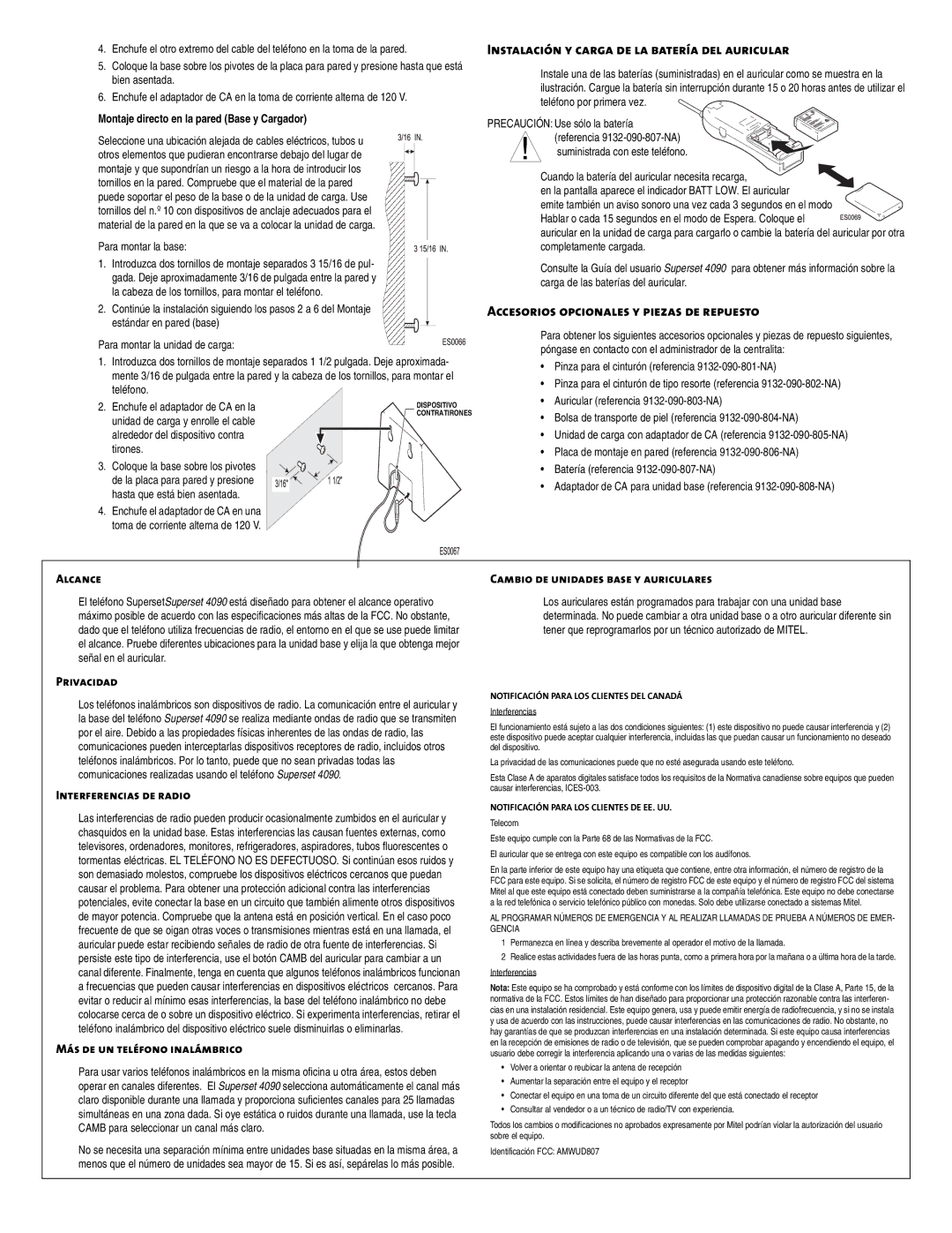 Mitel 4090 important safety instructions Instalación y carga de la batería del auricular, Más de un teléfono inalámbrico 