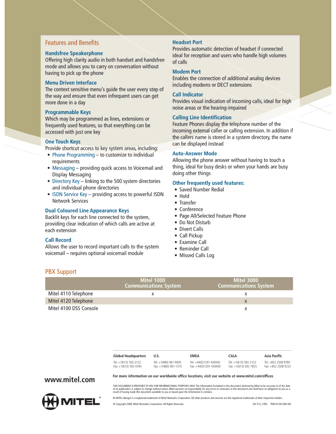 Mitel 4110 manual Features and Benefits, PBX Support 