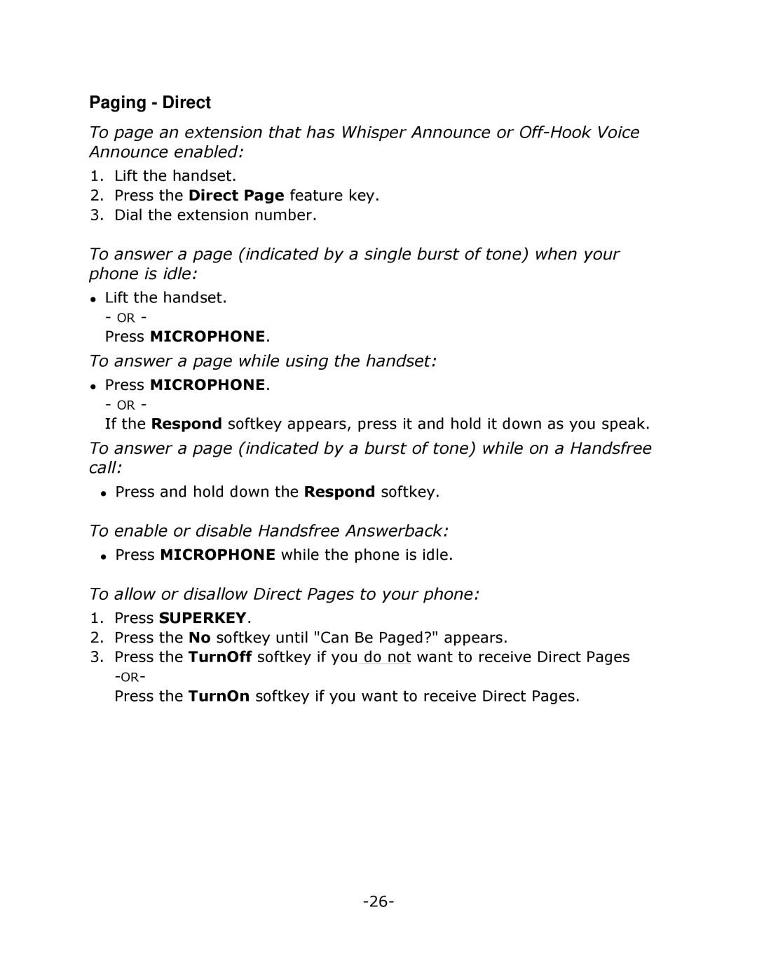 Mitel 4125 SX-200 manual Paging Direct, To answer a page while using the handset, To enable or disable Handsfree Answerback 