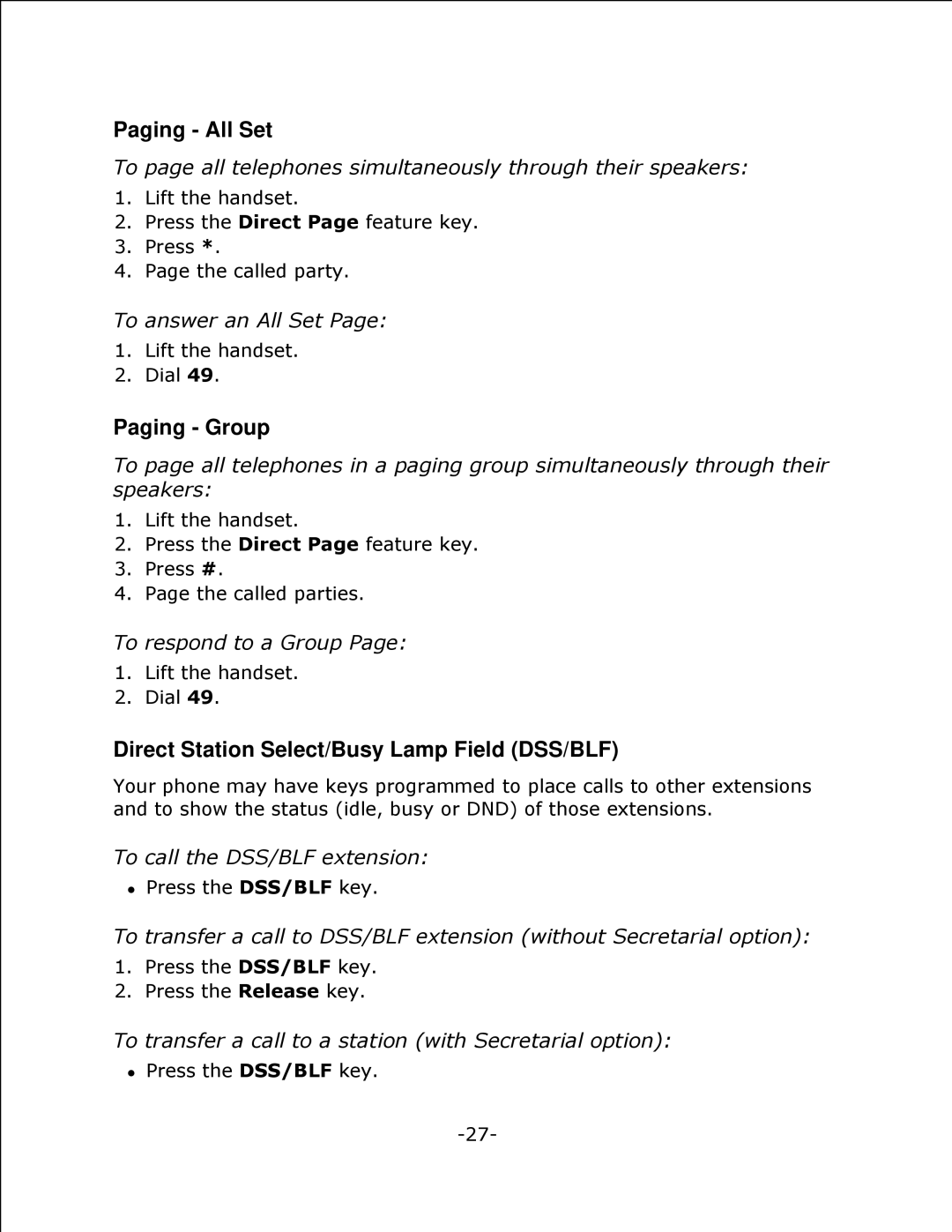 Mitel 4125 SX-200 manual Paging All Set, Paging Group, Direct Station Select/Busy Lamp Field DSS/BLF 