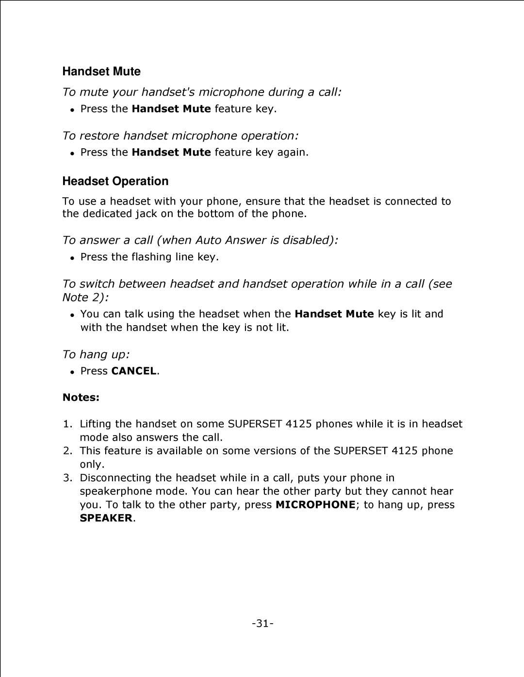 Mitel 4125 SX-200 manual Handset Mute, Headset Operation 