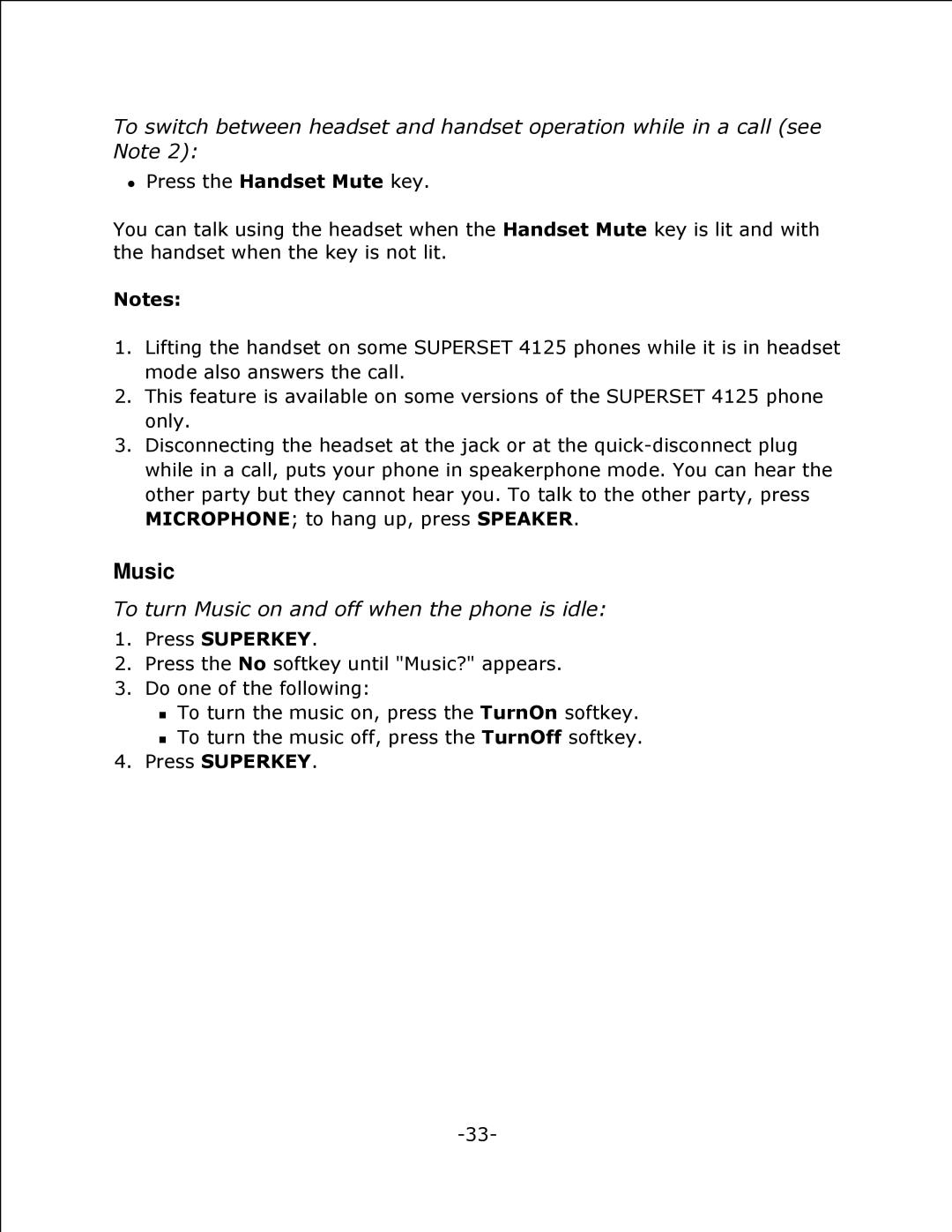 Mitel 4125 SX-200 manual To turn Music on and off when the phone is idle 