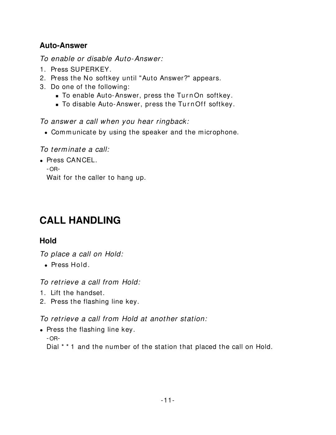 Mitel 4125 manual Call Handling, Auto-Answer, Hold 