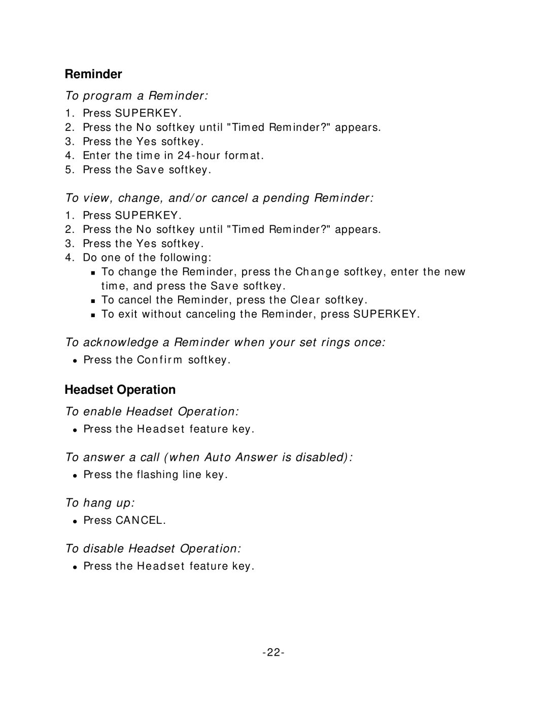 Mitel 4125 manual Reminder, Headset Operation 