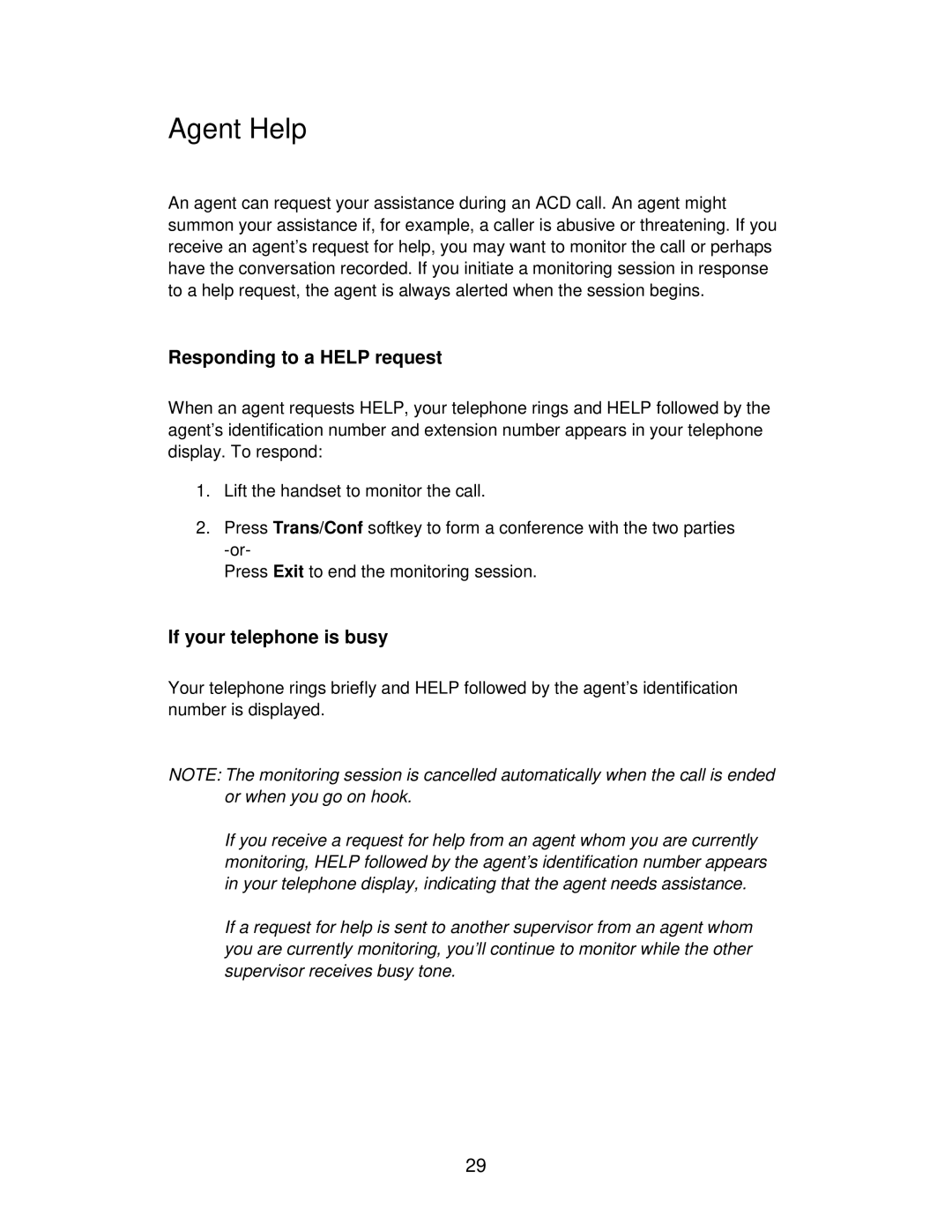 Mitel 4150 manual Agent Help, Responding to a Help request, If your telephone is busy 