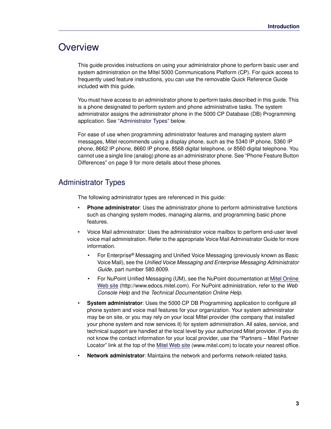 Mitel 5 manual Overview, Administrator Types 