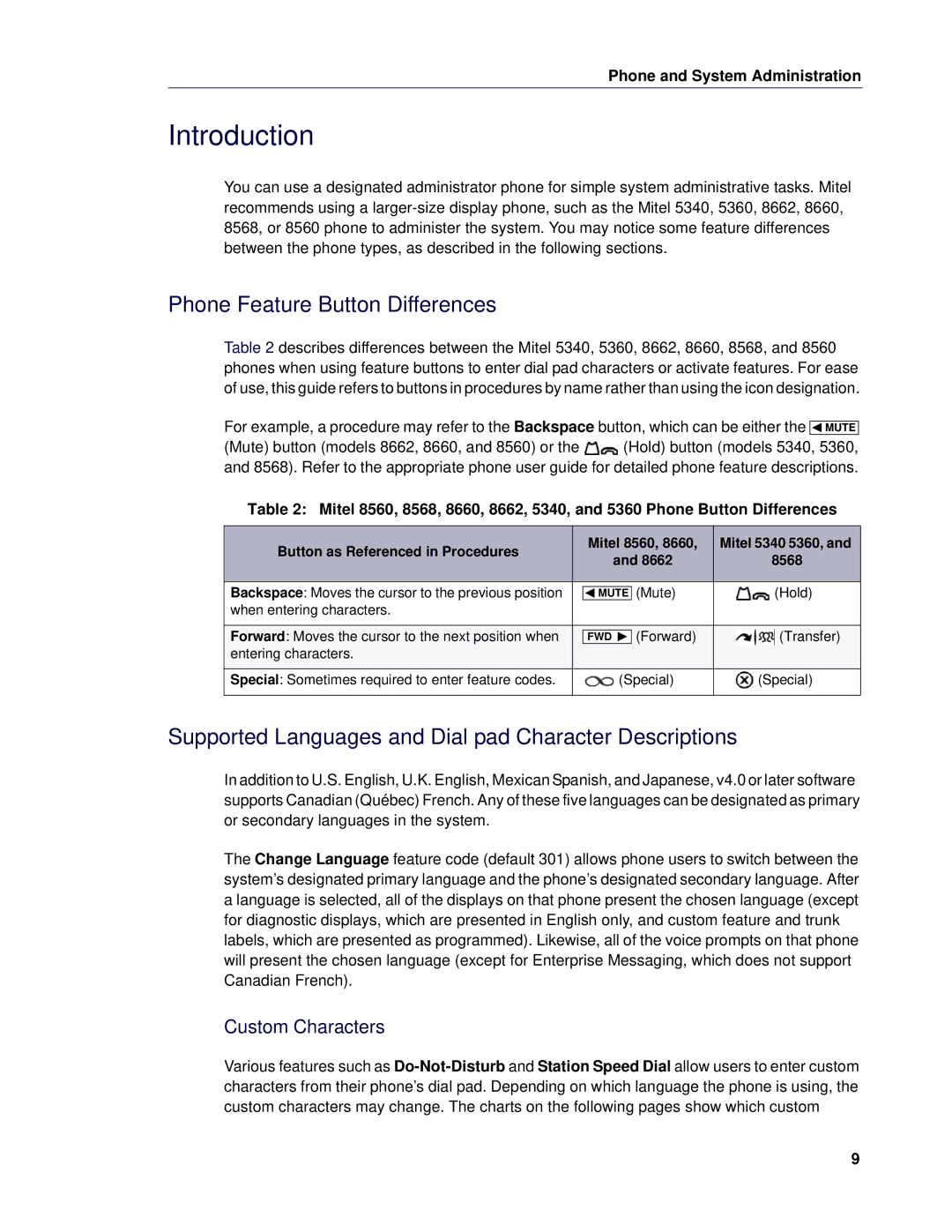 Mitel 5 manual Introduction, Phone Feature Button Differences, Supported Languages and Dial pad Character Descriptions 