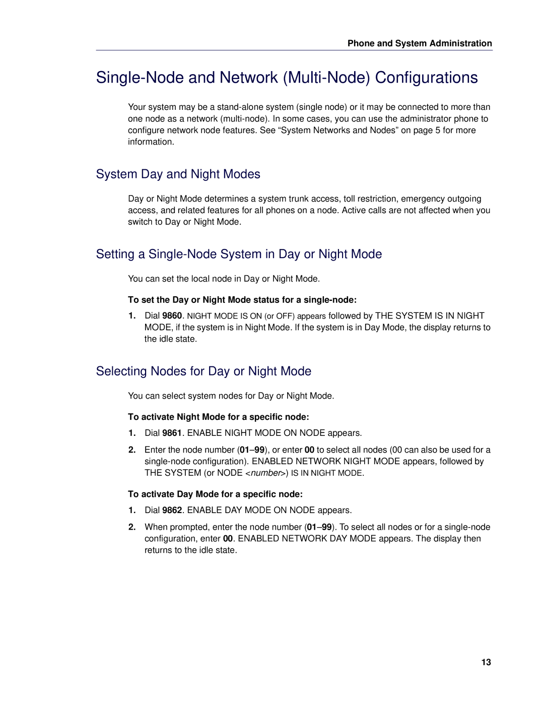 Mitel 5 manual Single-Node and Network Multi-Node Configurations, System Day and Night Modes 