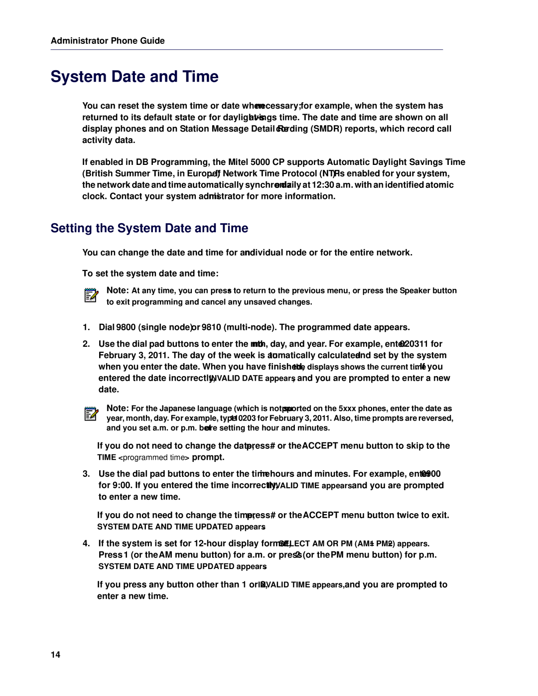 Mitel 5 manual Setting the System Date and Time, To set the system date and time, System Date and Time Updated appears 