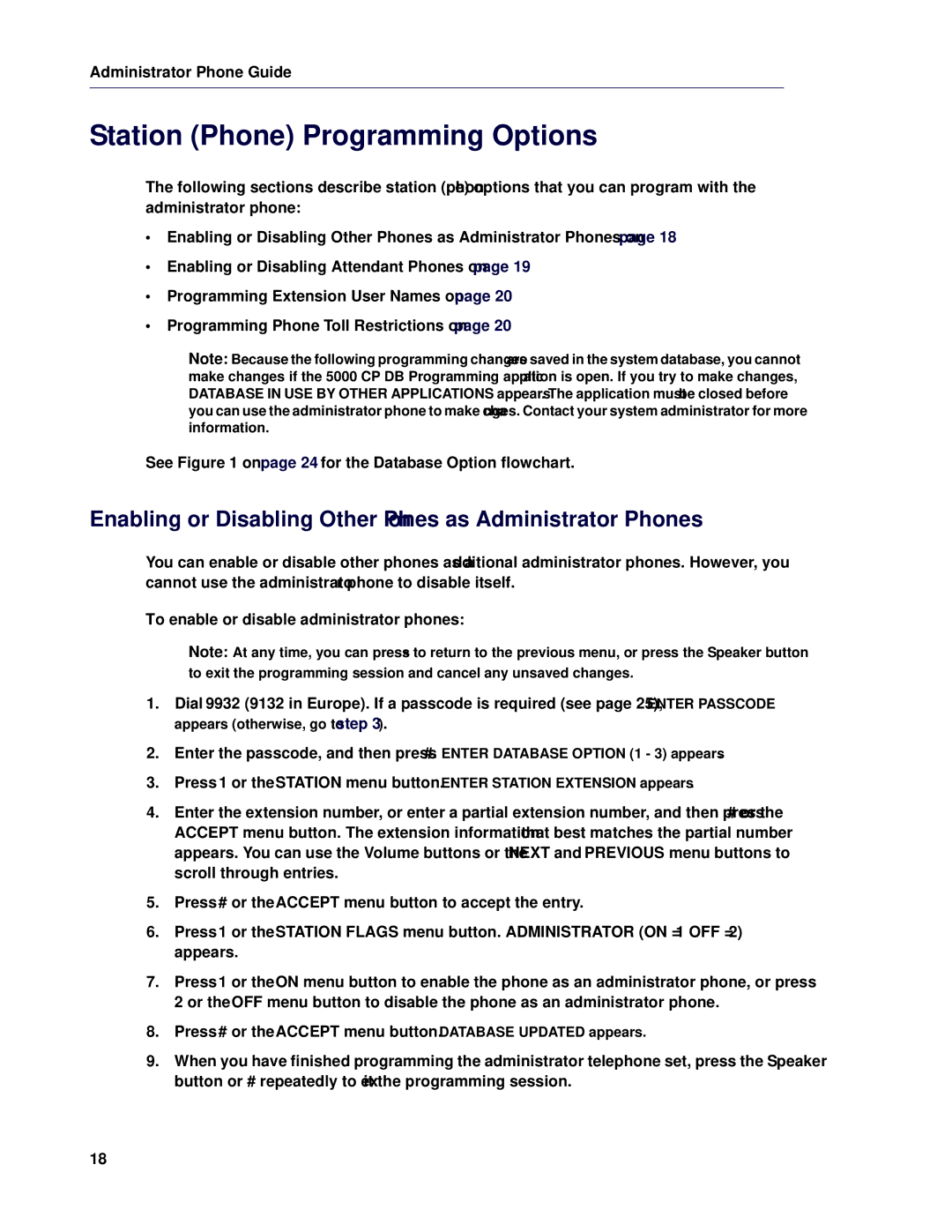 Mitel 5 manual Station Phone Programming Options, Enabling or Disabling Other Phones as Administrator Phones 