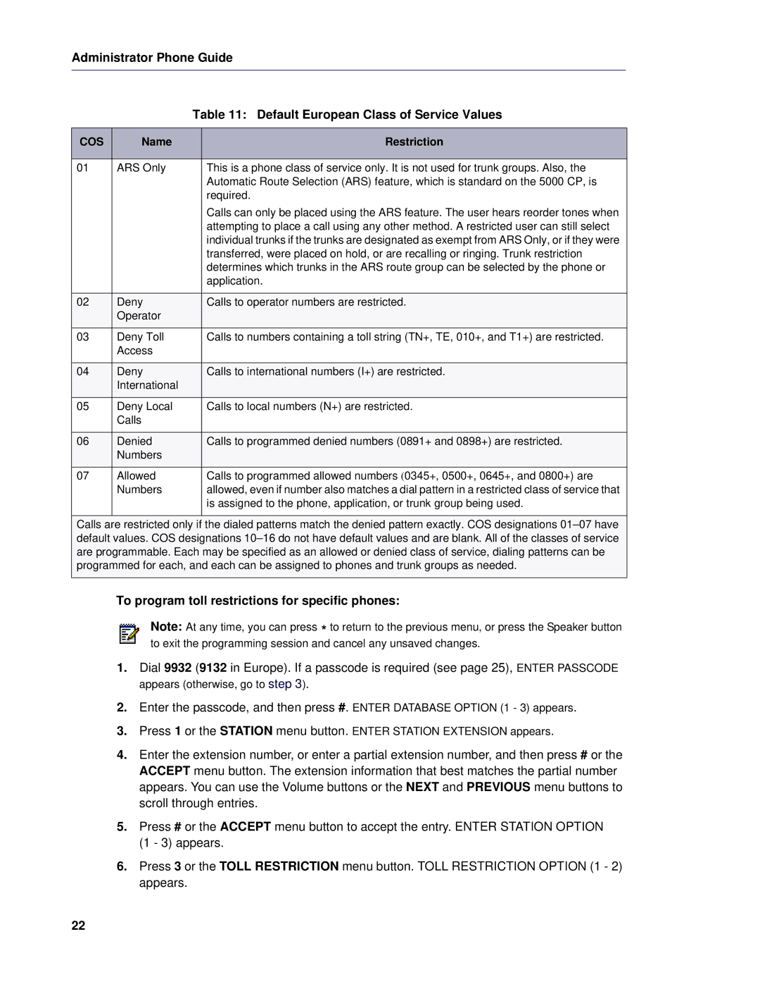 Mitel 5 manual To program toll restrictions for specific phones 