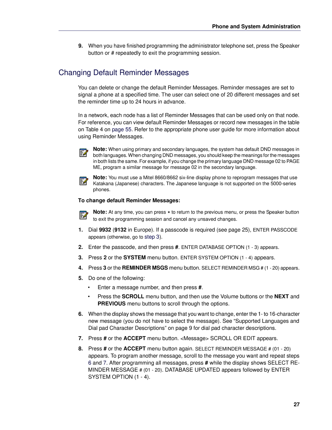 Mitel 5 manual Changing Default Reminder Messages, To change default Reminder Messages 