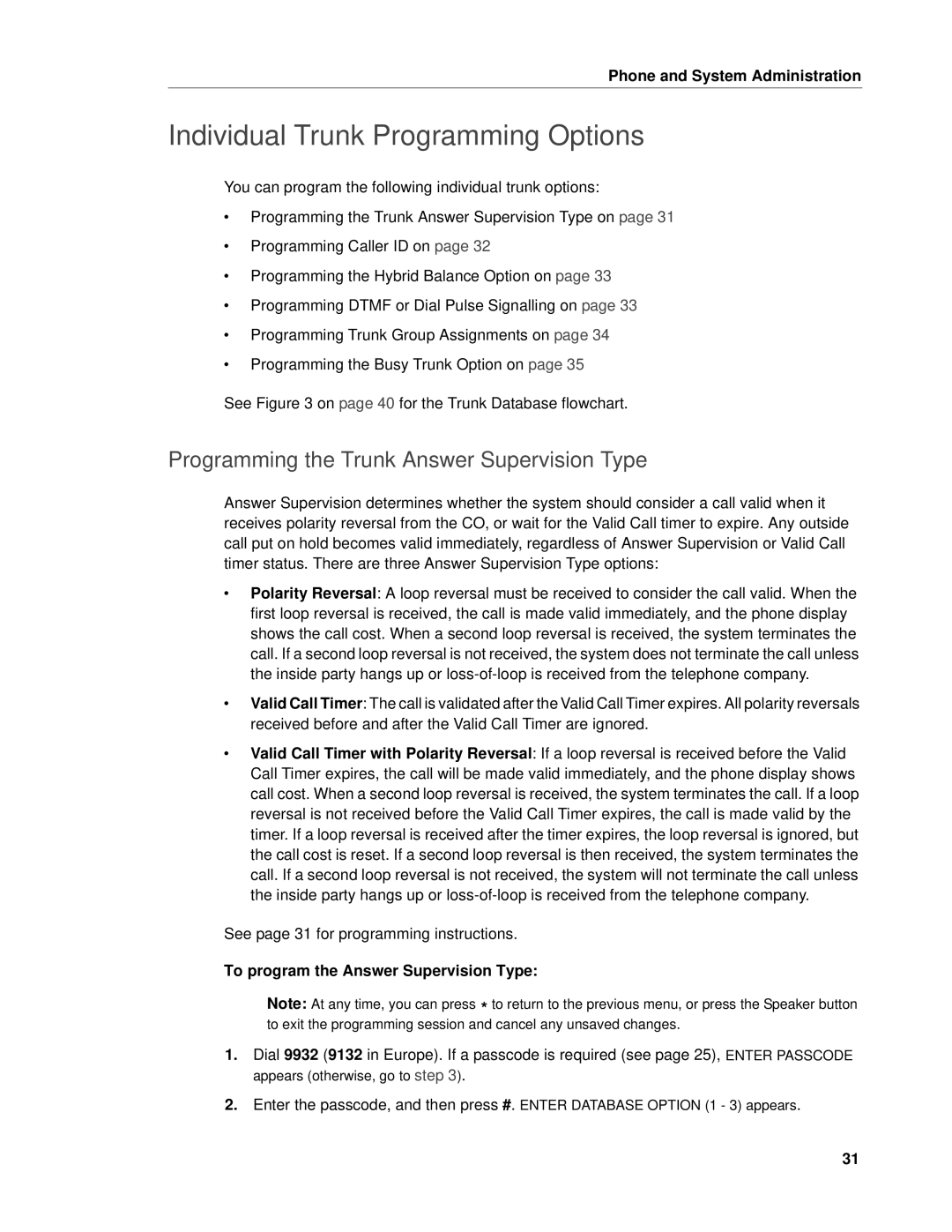 Mitel 5 manual Individual Trunk Programming Options, Programming the Trunk Answer Supervision Type 