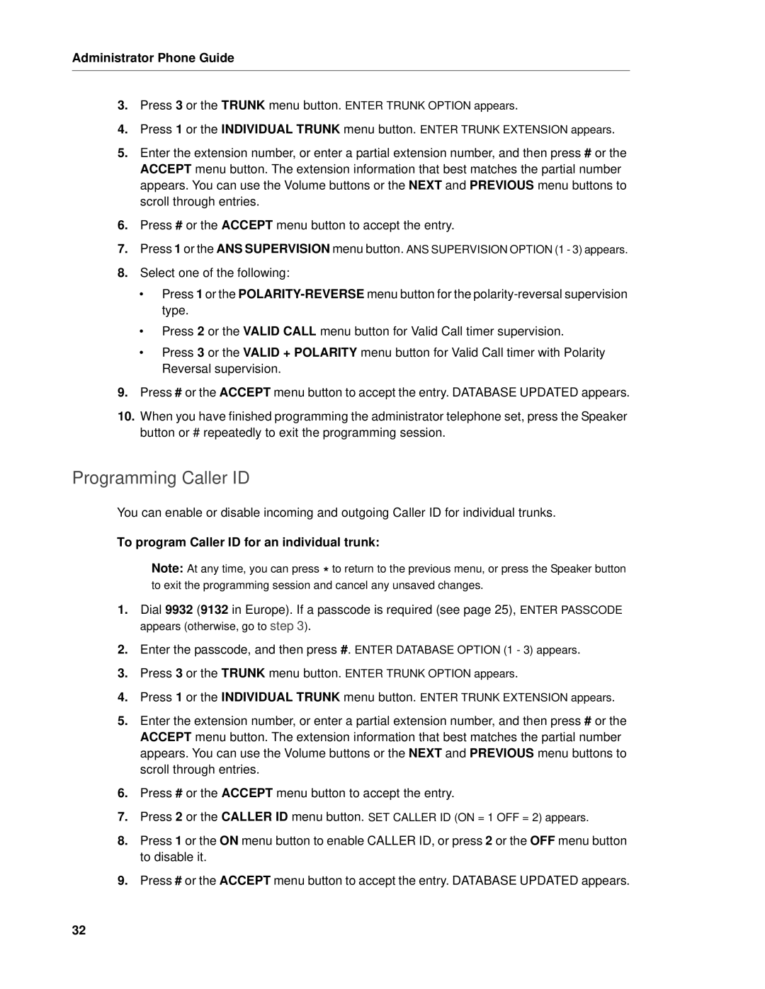 Mitel 5 manual Programming Caller ID, To program Caller ID for an individual trunk 