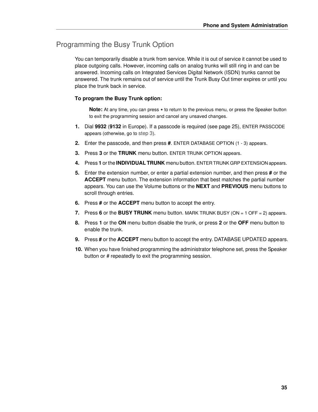 Mitel 5 manual Programming the Busy Trunk Option, To program the Busy Trunk option 