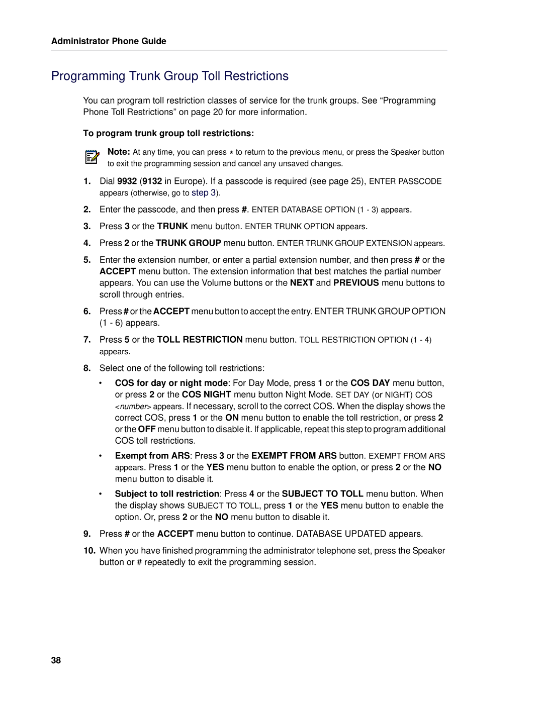 Mitel 5 manual Programming Trunk Group Toll Restrictions, To program trunk group toll restrictions 