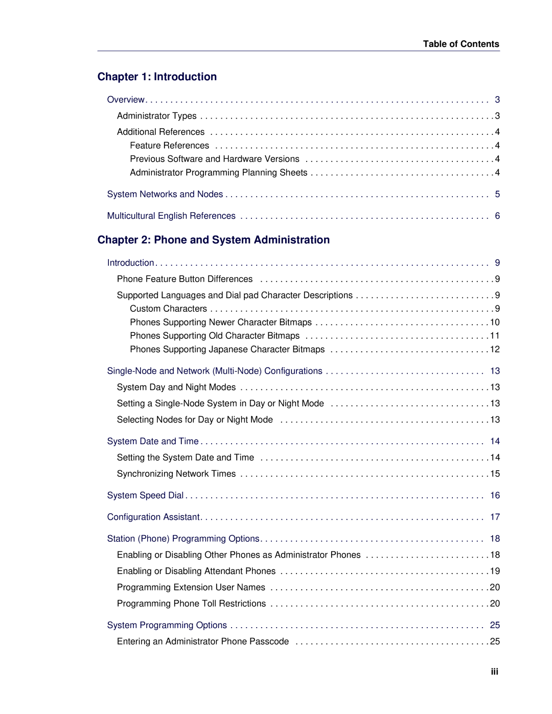 Mitel 5 manual Table of Contents, Iii, Selecting Nodes for Day or Night Mode 