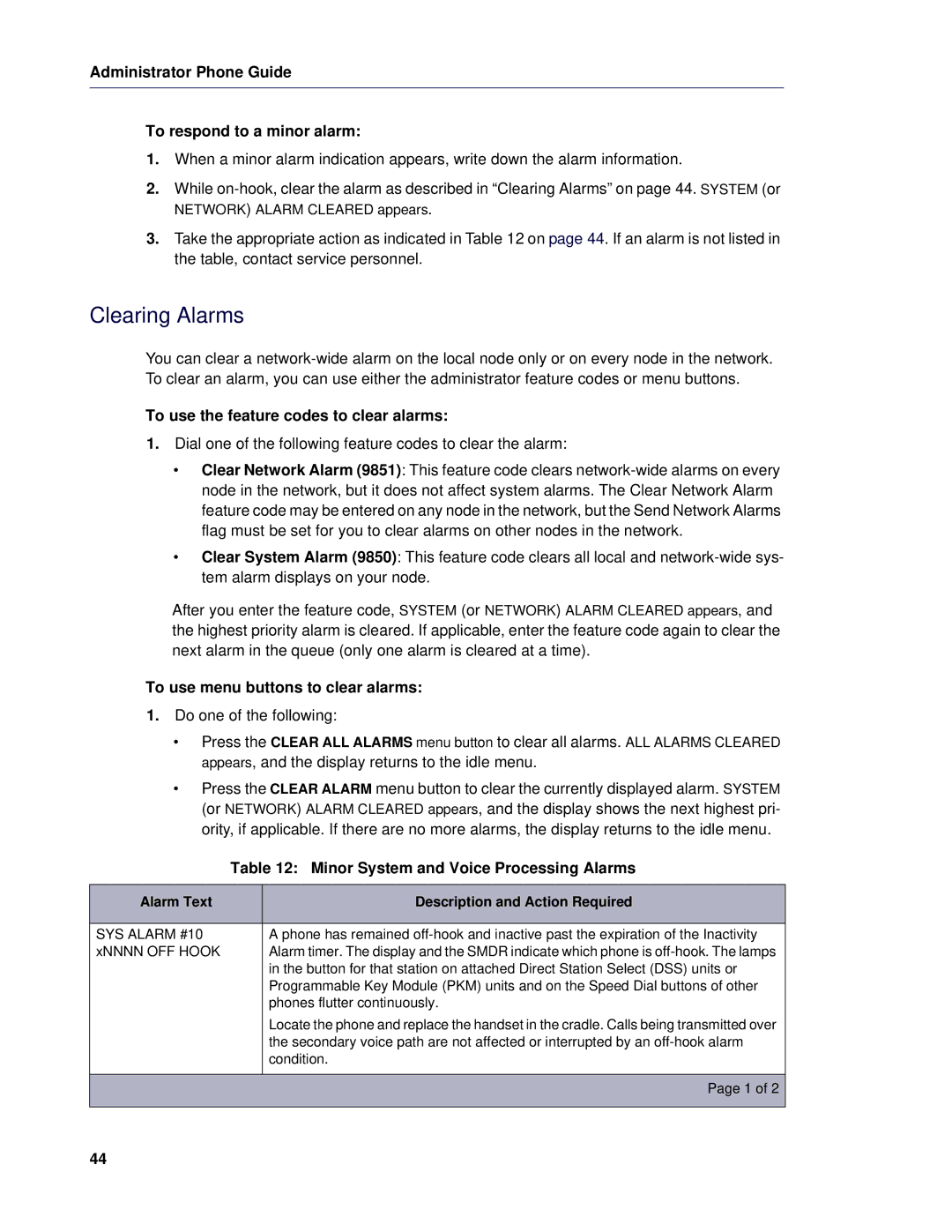 Mitel 5 Clearing Alarms, Administrator Phone Guide To respond to a minor alarm, To use the feature codes to clear alarms 