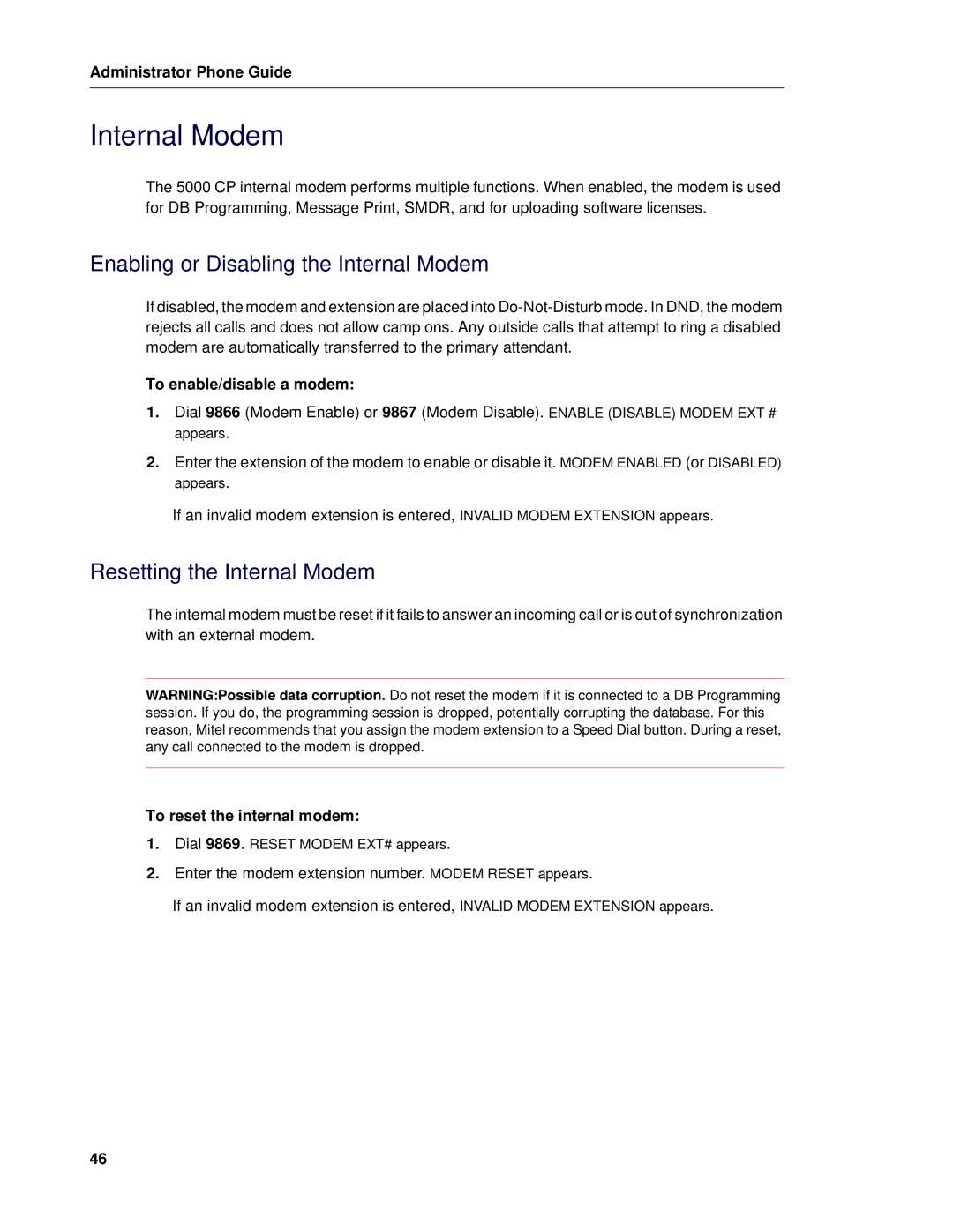 Mitel 5 manual Enabling or Disabling the Internal Modem, Resetting the Internal Modem, To enable/disable a modem 