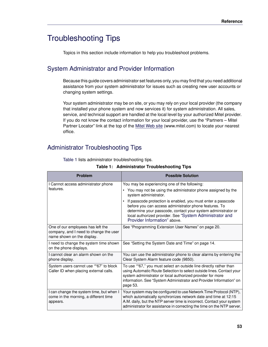 Mitel 5 manual System Administrator and Provider Information, Administrator Troubleshooting Tips, Reference 