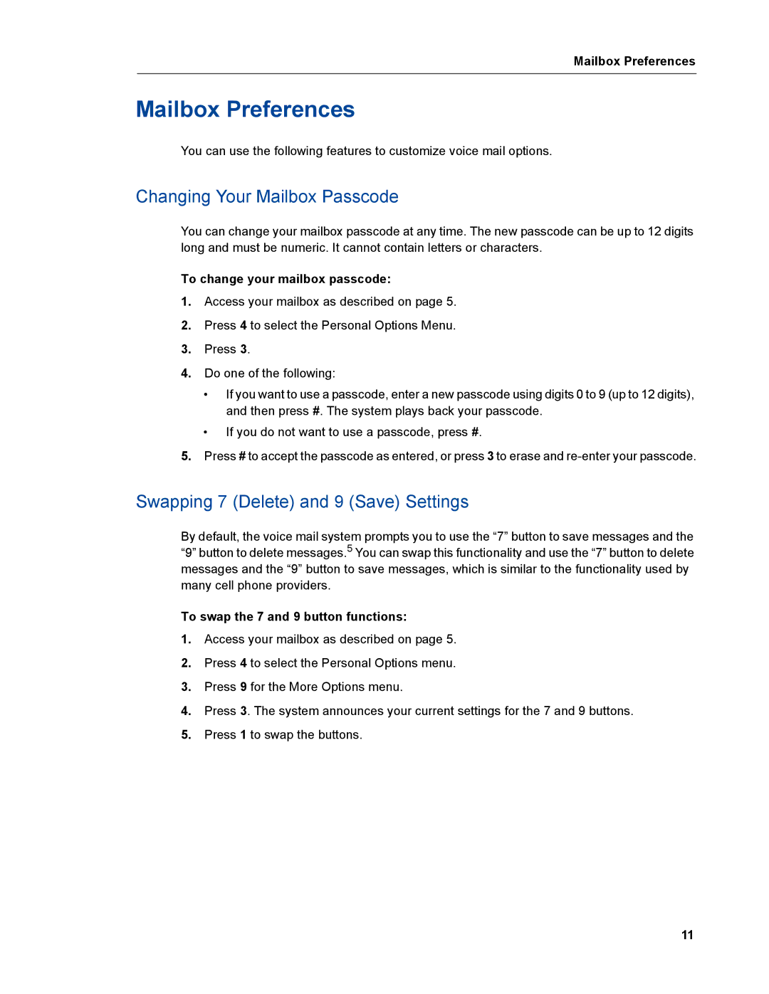 Mitel mitel 5000 communication platform manual Mailbox Preferences, Changing Your Mailbox Passcode 