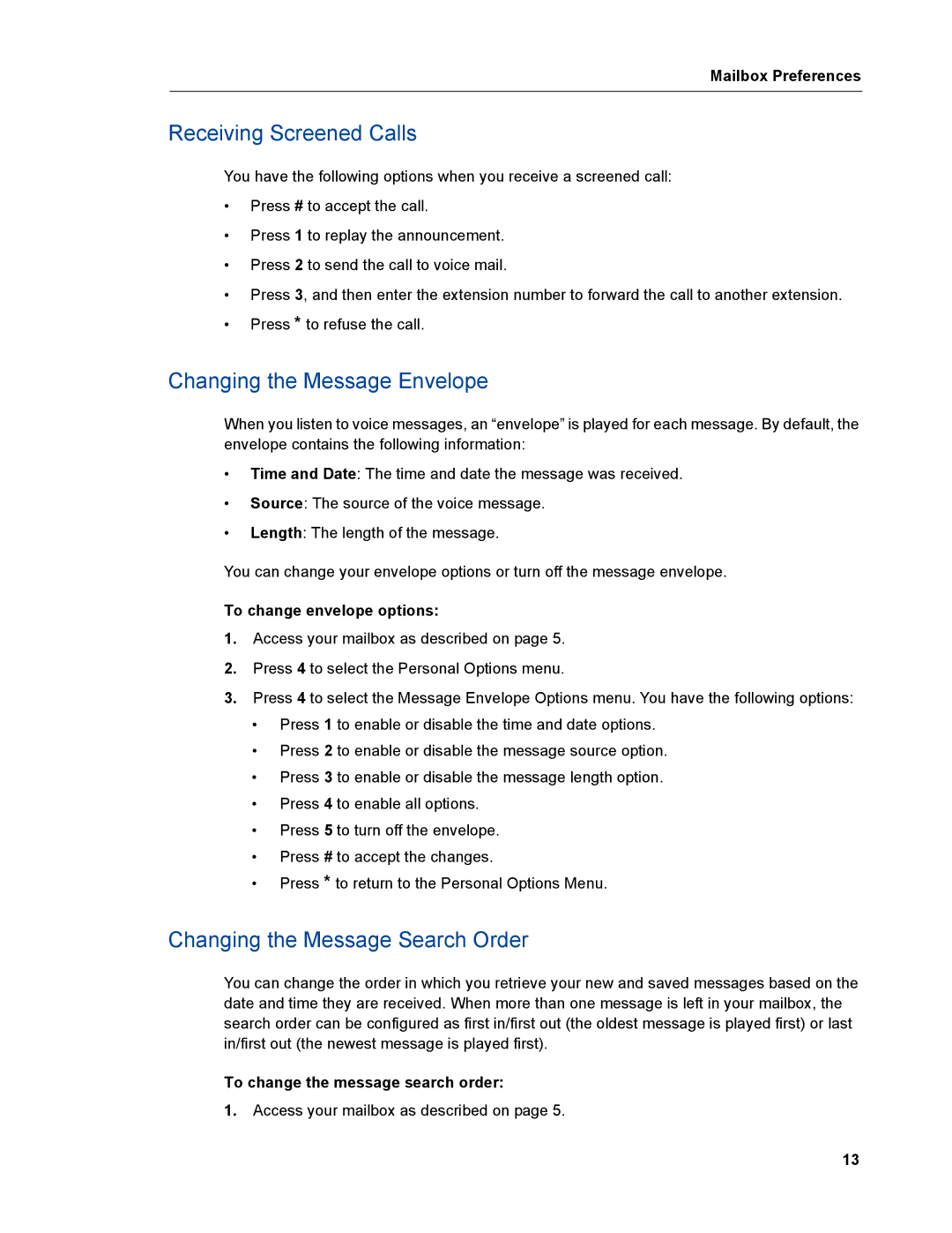 Mitel mitel 5000 communication platform manual Receiving Screened Calls, Changing the Message Envelope 