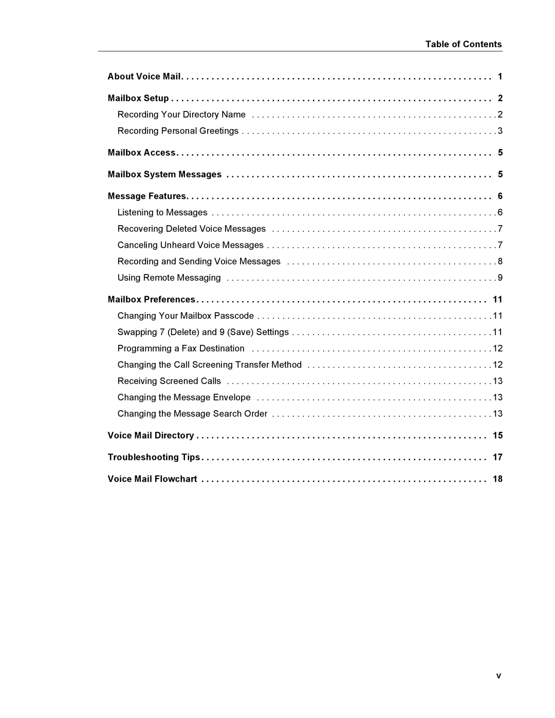 Mitel mitel 5000 communication platform manual Table of Contents, Mailbox Access Mailbox System Messages Message Features 