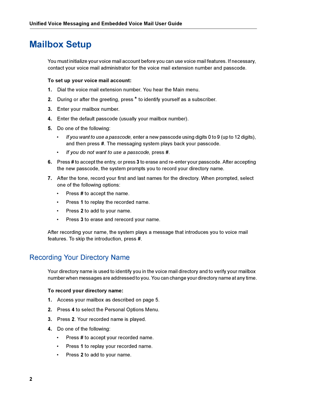 Mitel 5000 Mailbox Setup, Recording Your Directory Name, To set up your voice mail account, To record your directory name 