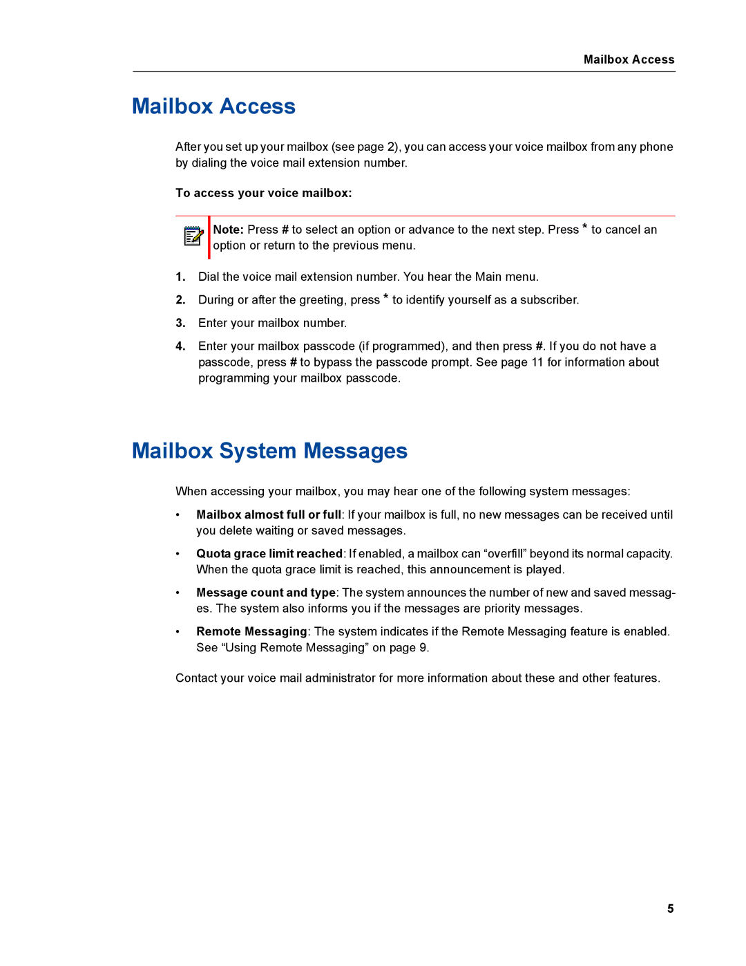 Mitel mitel 5000 communication platform manual Mailbox Access, Mailbox System Messages, To access your voice mailbox 