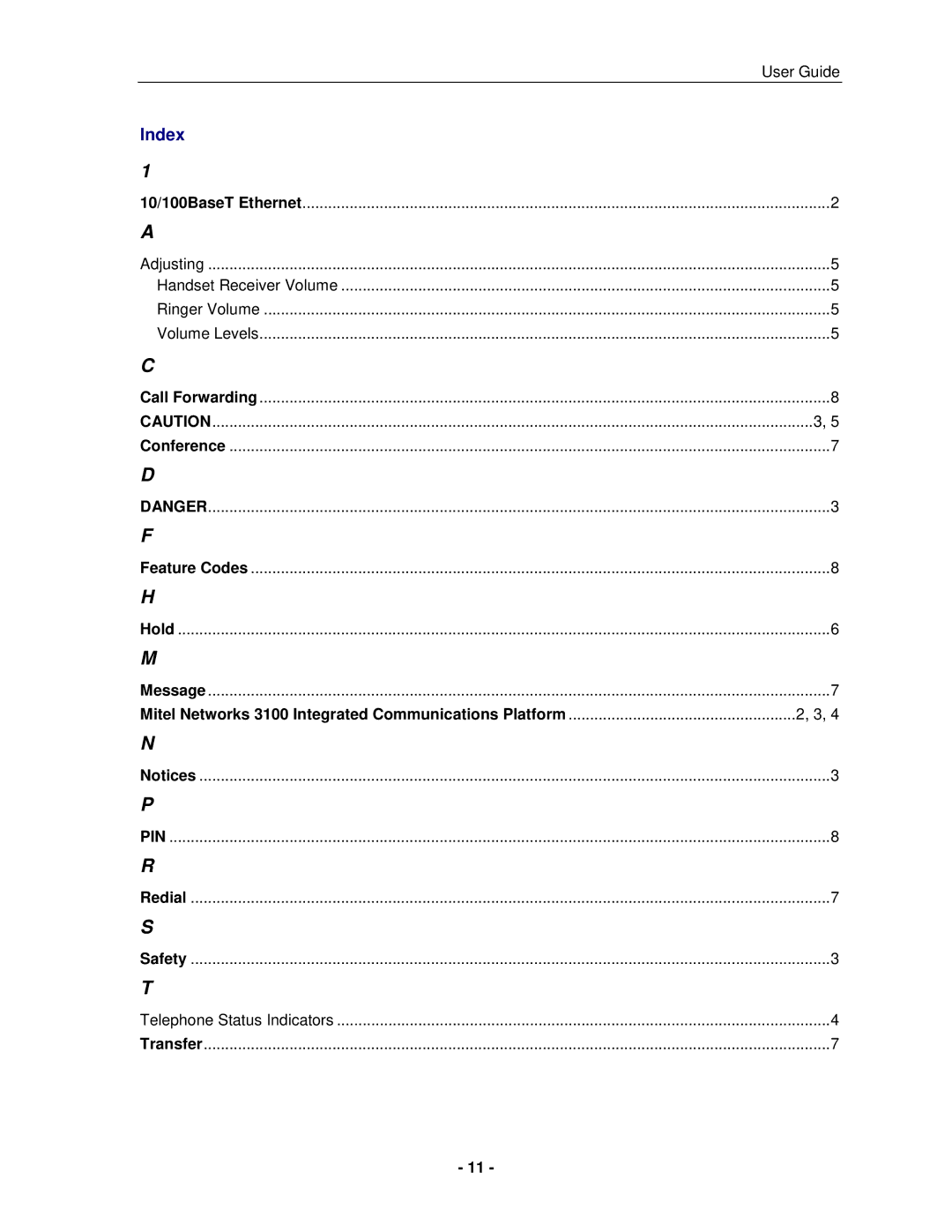 Mitel 5001 manual Index 