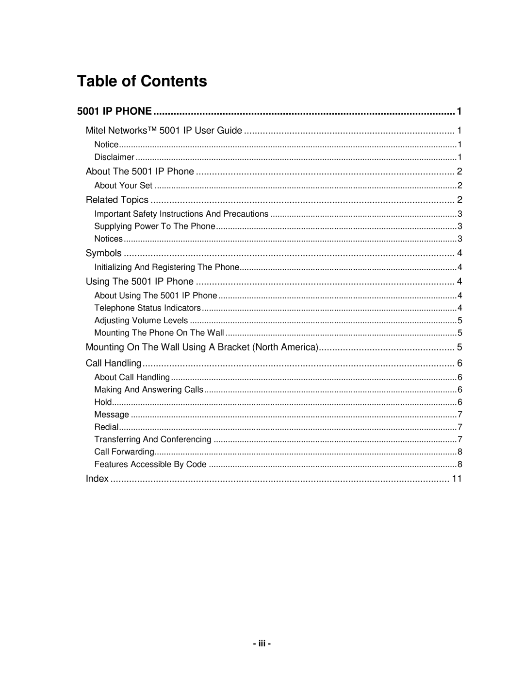 Mitel 5001 manual Table of Contents 