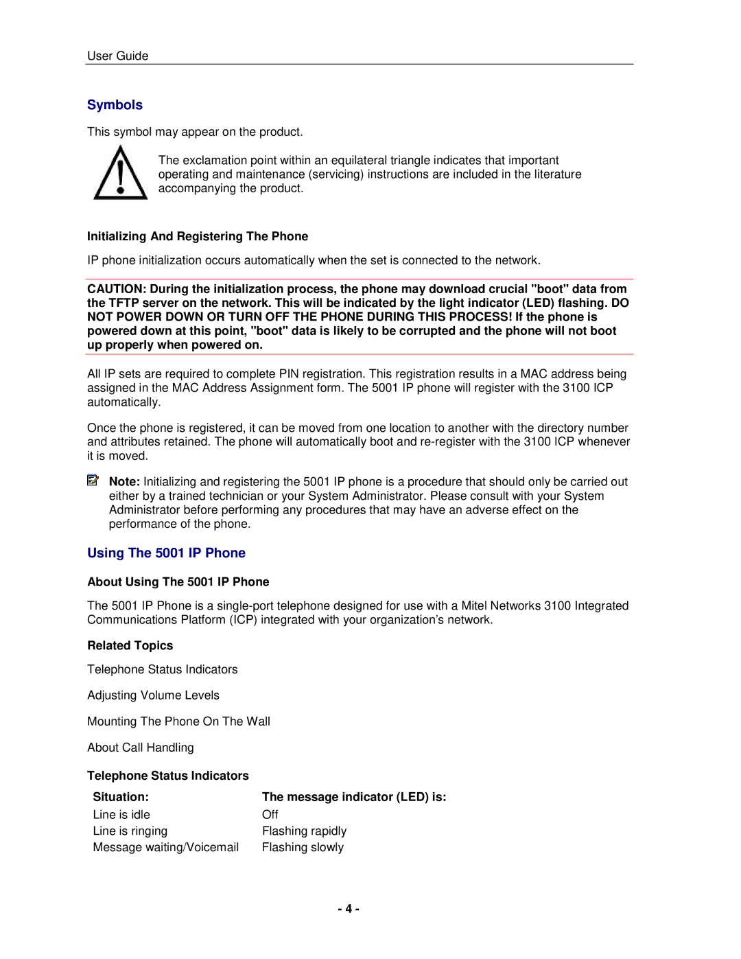 Mitel manual Symbols, Initializing And Registering The Phone, About Using The 5001 IP Phone, Related Topics 