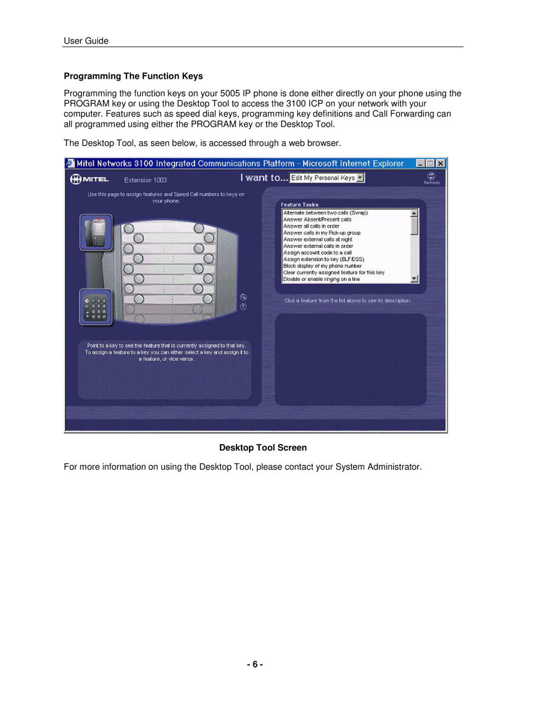 Mitel 5005 manual Programming The Function Keys, Desktop Tool Screen 