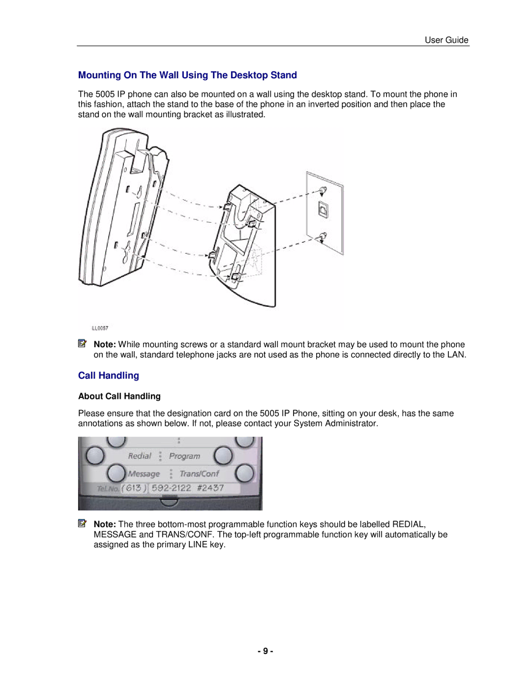 Mitel 5005 manual Mounting On The Wall Using The Desktop Stand, About Call Handling 