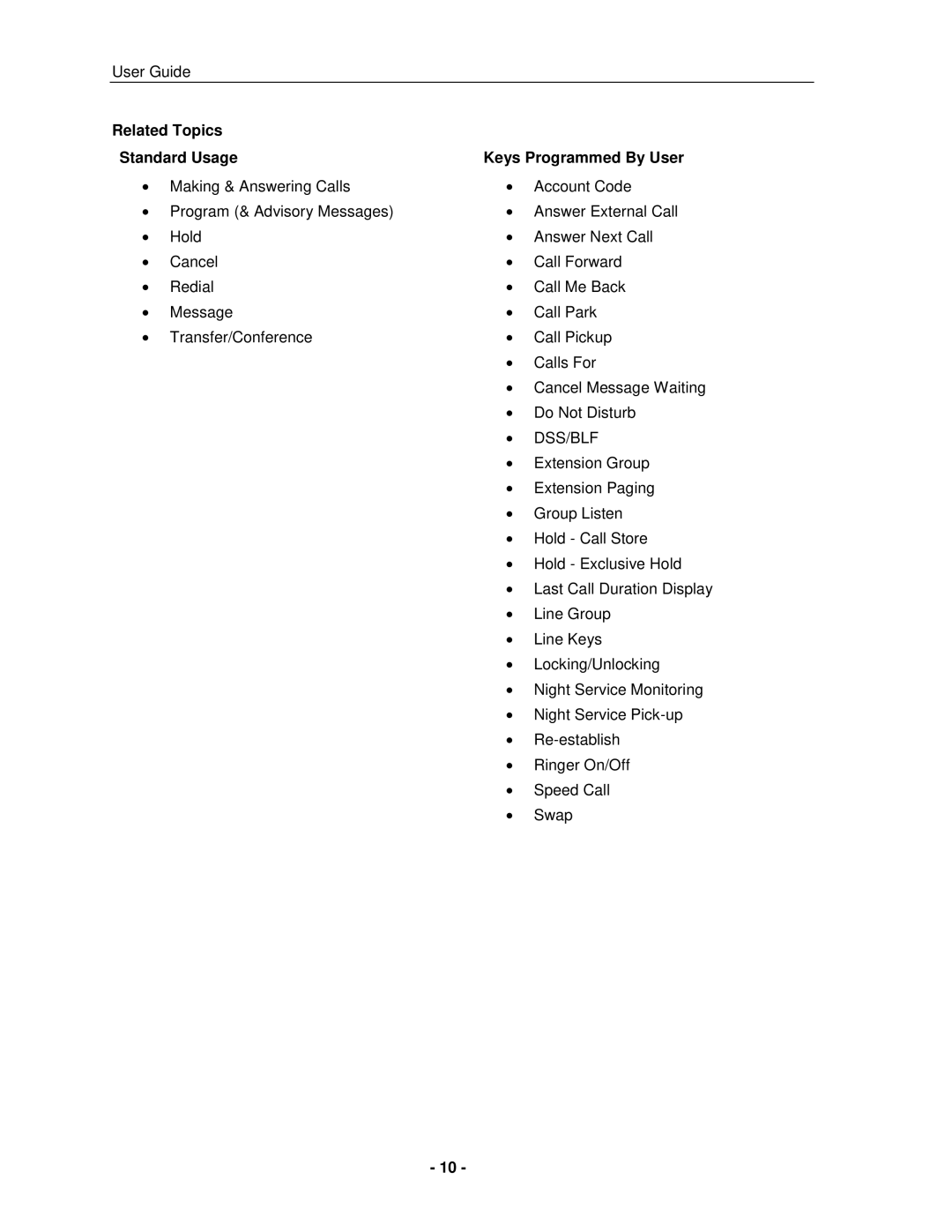 Mitel 5005 manual Related Topics Standard Usage Keys Programmed By User, Dss/Blf 