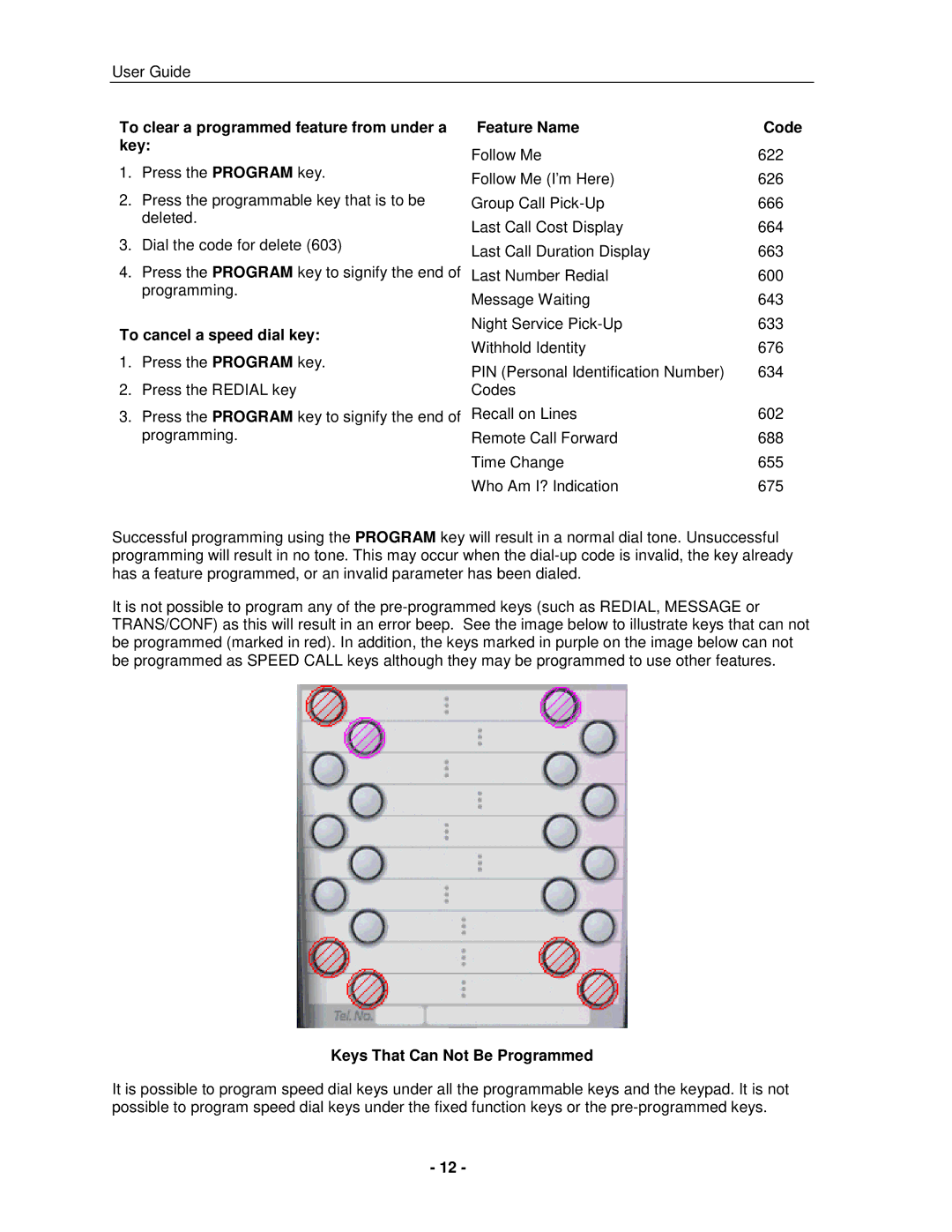 Mitel 5005 To clear a programmed feature from under a key, To cancel a speed dial key, Keys That Can Not Be Programmed 