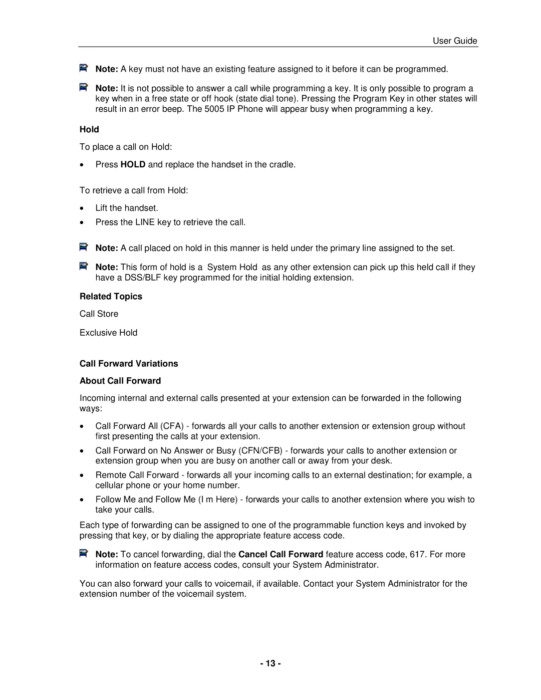 Mitel 5005 manual Hold, Call Forward Variations About Call Forward 