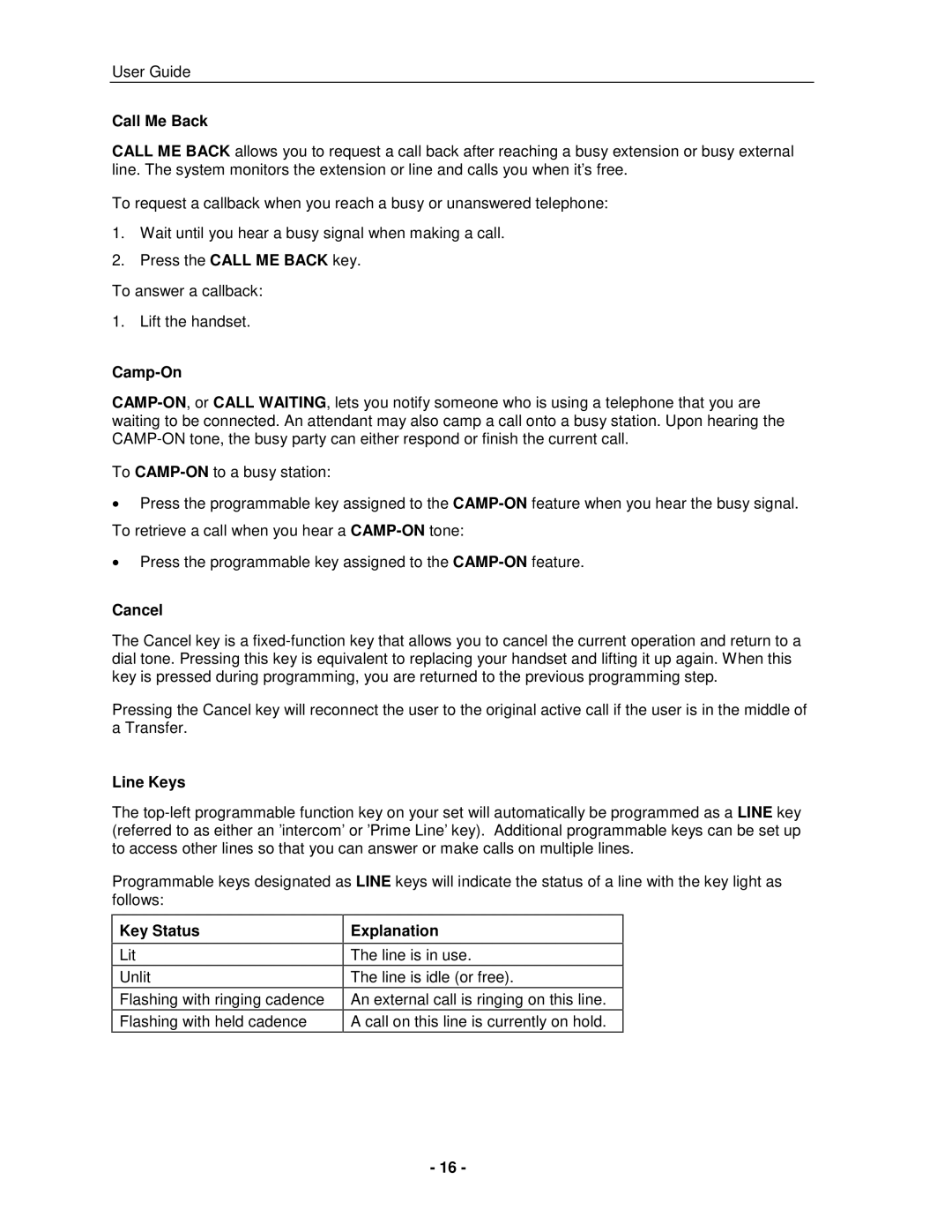 Mitel 5005 manual Call Me Back, Camp-On, Cancel, Line Keys, Key Status, Explanation 