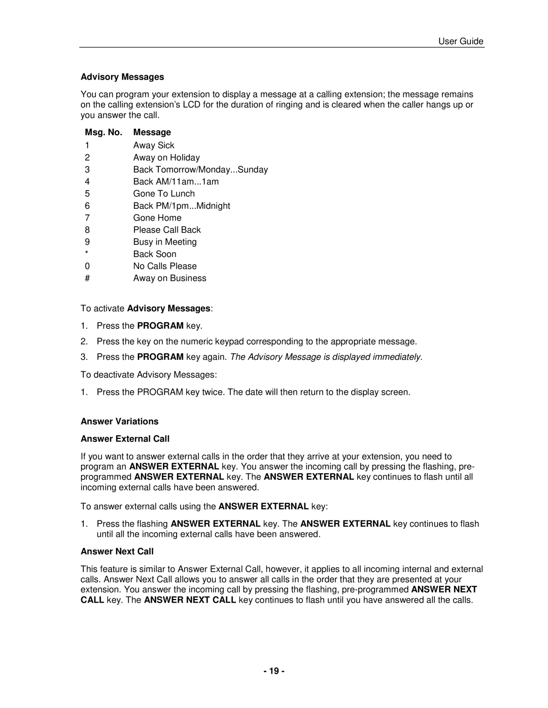 Mitel 5005 Msg. No. Message, To activate Advisory Messages, Answer Variations Answer External Call, Answer Next Call 