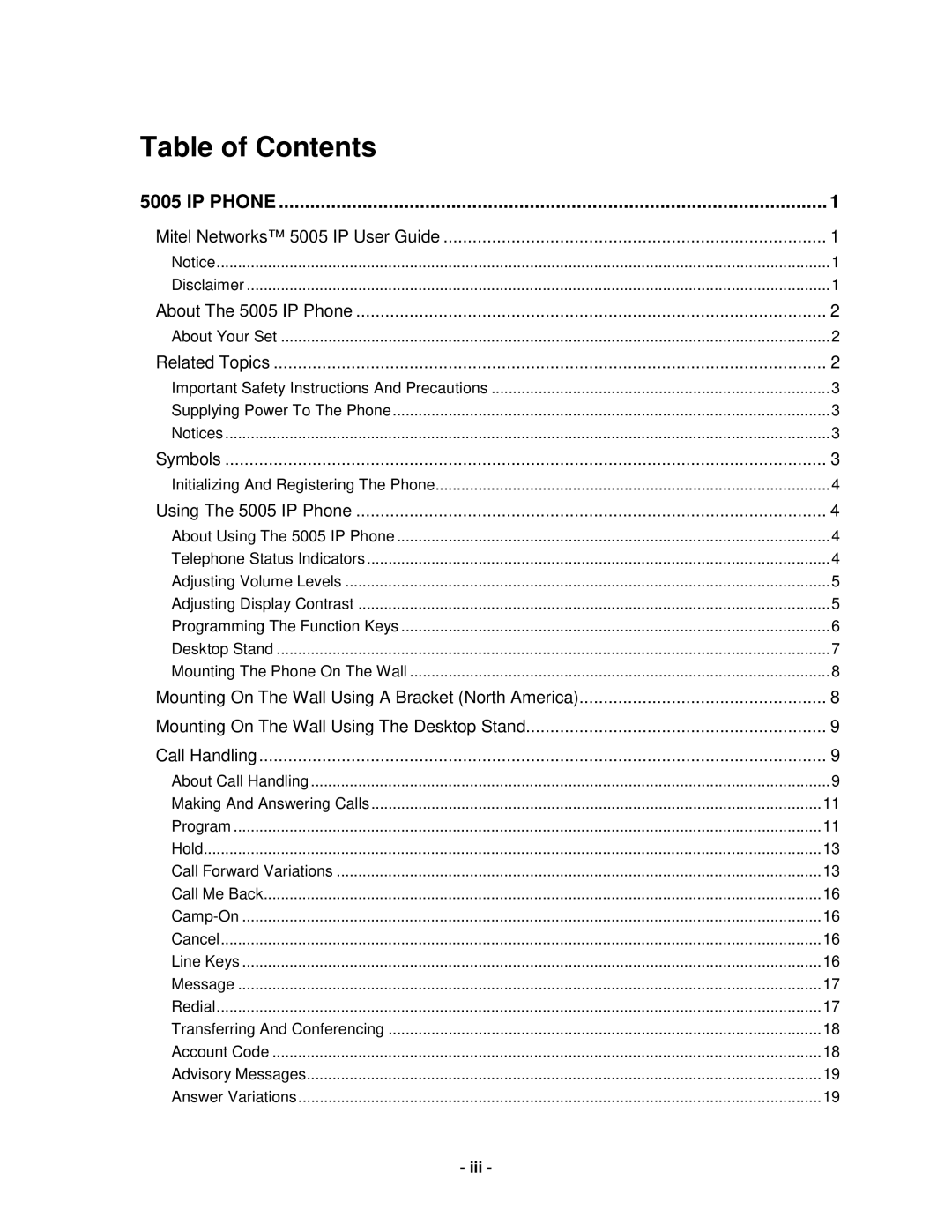 Mitel 5005 manual Table of Contents 