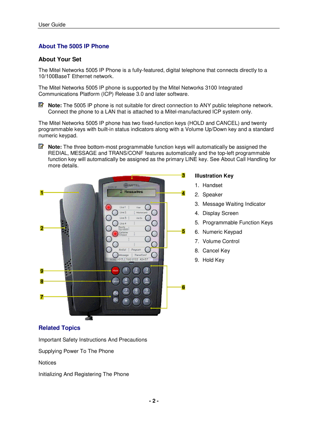 Mitel manual About The 5005 IP Phone, Related Topics, Illustration Key 