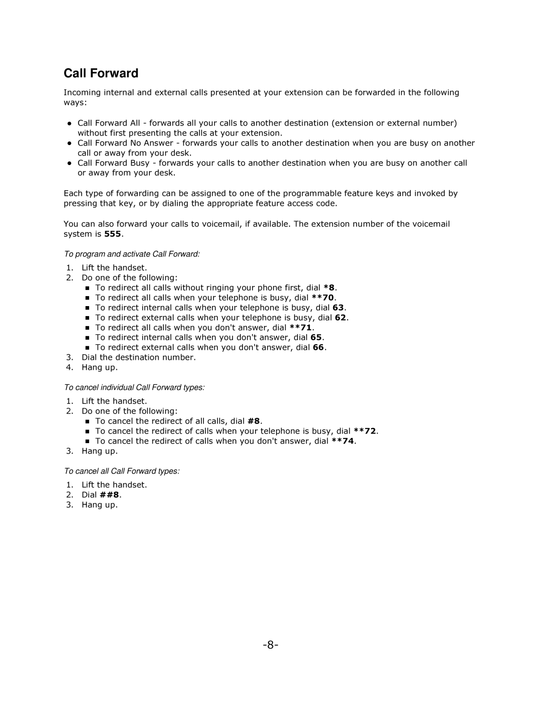 Mitel 5005 manual Call Forward 