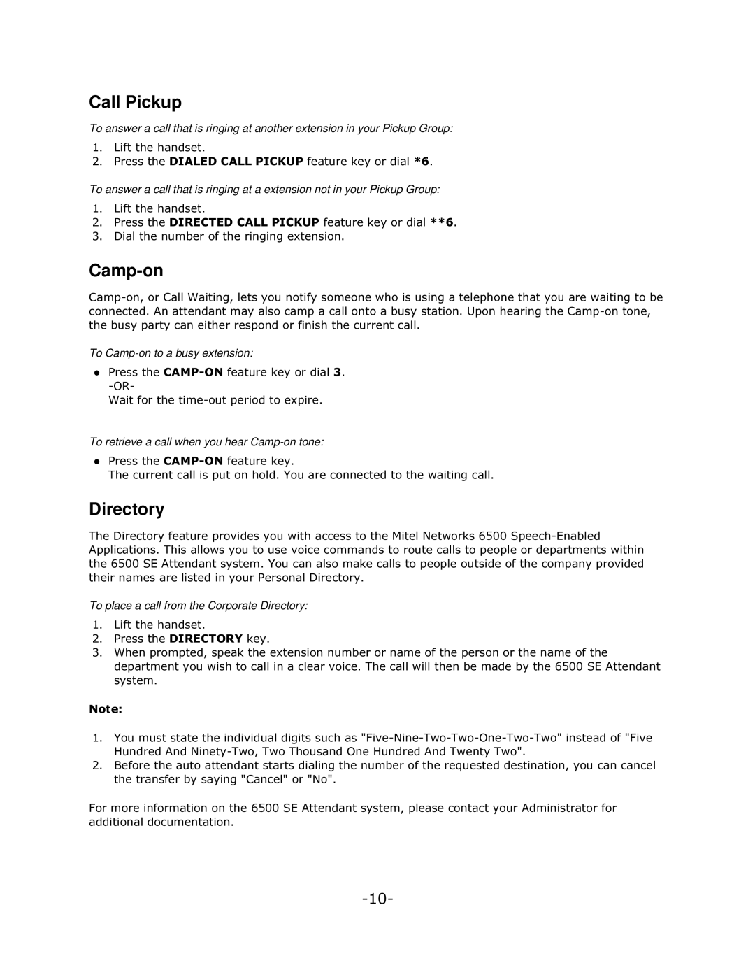 Mitel 5005 manual Call Pickup, Camp-on, Directory, Ldowkhqxpehuriwkhulqjlqjhwhqvlrq 