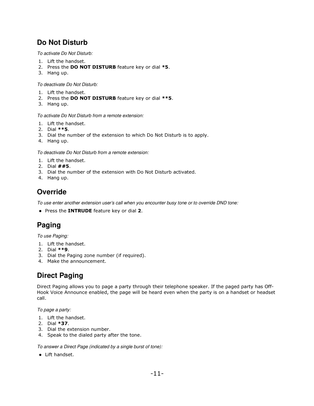 Mitel 5005 manual Do Not Disturb, Override, Direct Paging 