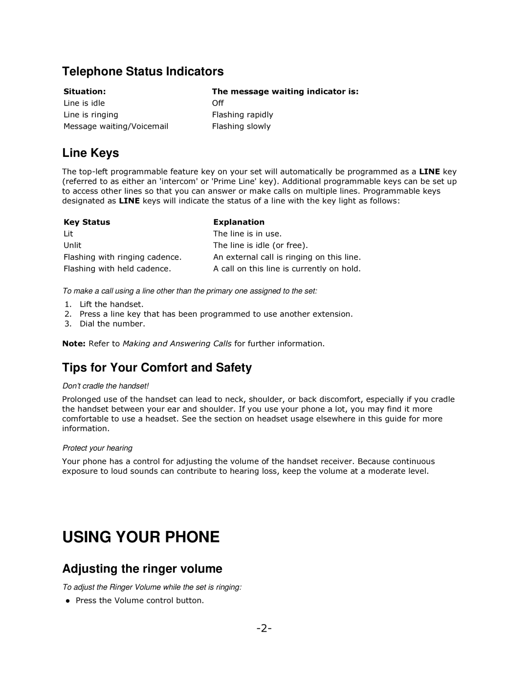 Mitel 5005 manual Using Your Phone, Telephone Status Indicators, Line Keys, Tips for Your Comfort and Safety 