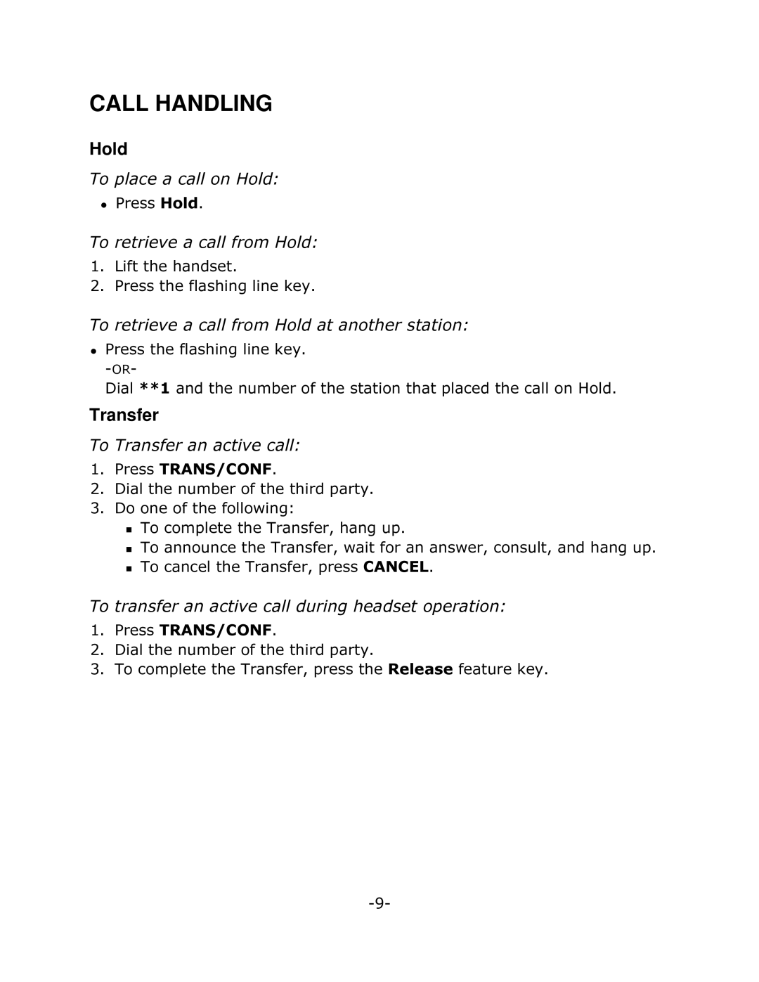 Mitel 5010 manual Call Handling, Hold, Transfer 