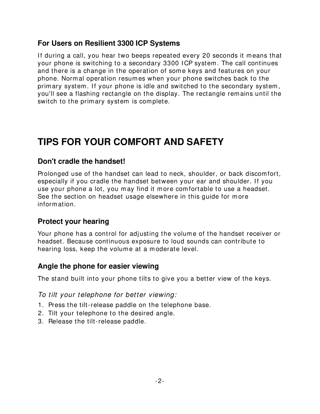 Mitel 5010 manual Tips for Your Comfort and Safety, For Users on Resilient 3300 ICP Systems, Dont cradle the handset 