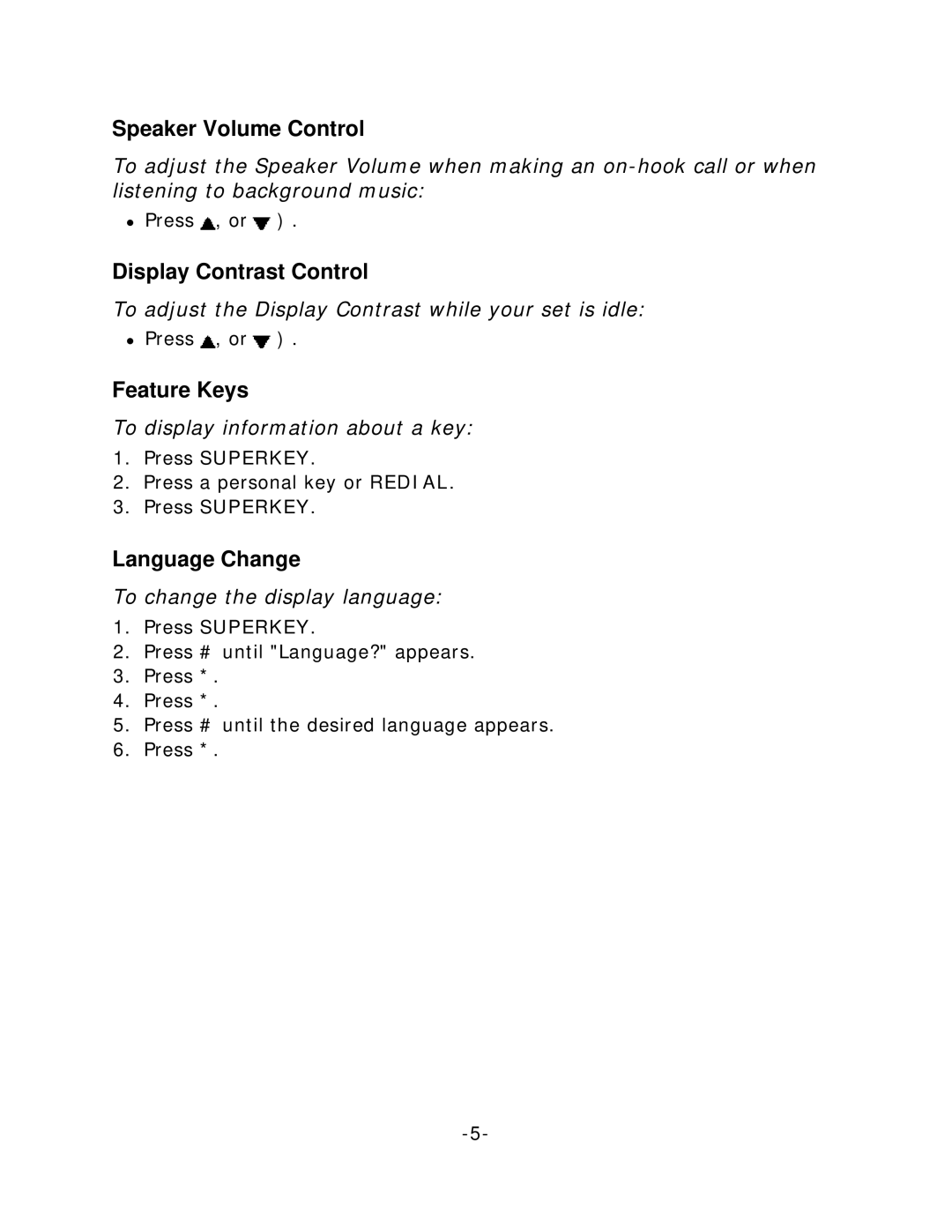 Mitel 5010 manual Speaker Volume Control, Display Contrast Control, Feature Keys, Language Change 