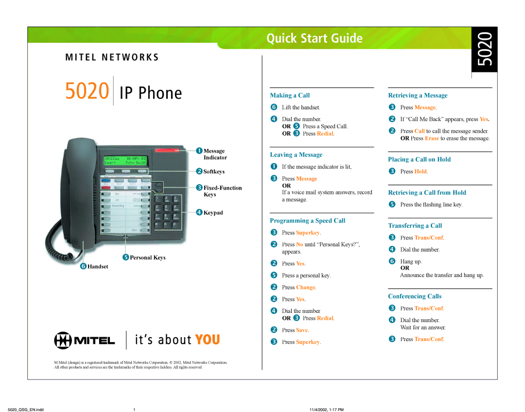 Mitel 5020 quick start IP Phone, Quick Start Guide 